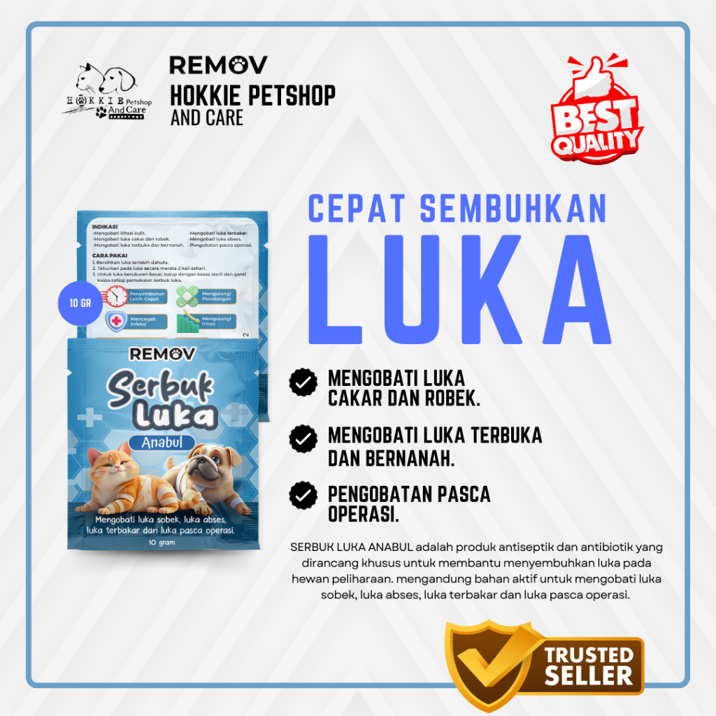Remov Serbuk Obat Luka Luar Cakar Bernanah Pasca Operasi Antiseptik Antibiotik Kucing Anjing 10gr