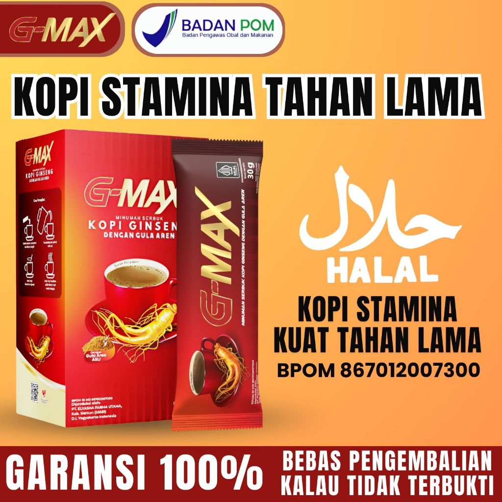 

Kopi Gmax_Kopi Gingseng Pria Kopi Stamina_Penambah Gairah Cowok Tahan Lama 1 box Isi 10 sachet Original