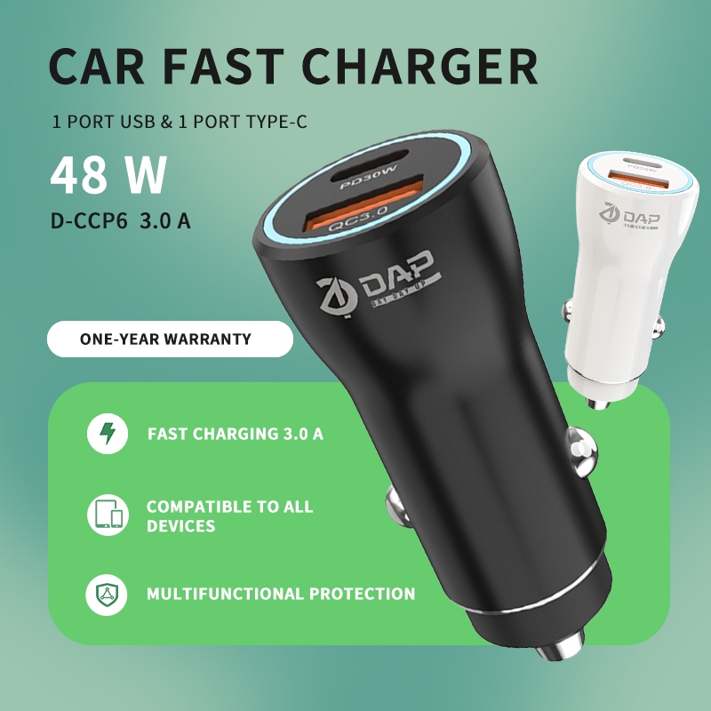 DAP D-CCP6 Car Charger  48 Watt ( PD 30 Watt QC 3.0A Dual Port USB & Type C ) Fast charger