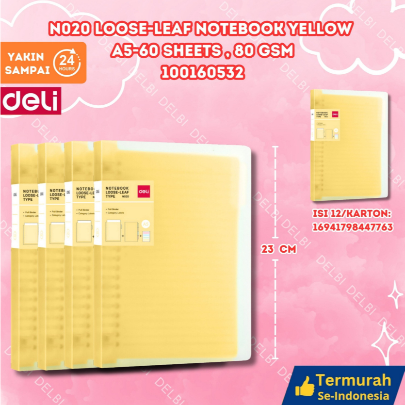 

DELI N020 Loose-leaf Notebook Yellow A5-60sheets,80gsm BUKU
