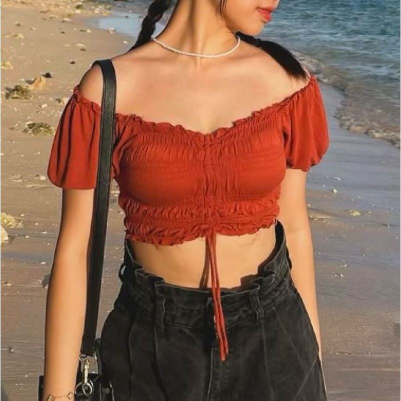 URBAN OUTFITTERS smocked puffy crop top mermaid blouse sabrina off shoulder preloved