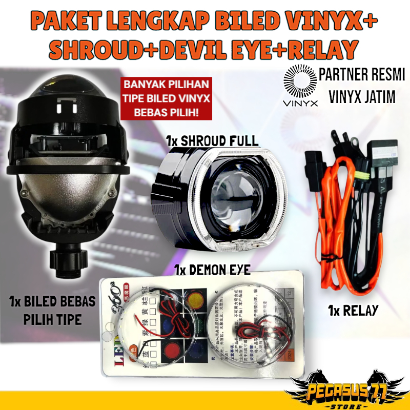 PAKET LENGKAP MINI PROJECTOR BILED VINYX PROJIE+SHROUD BMW+DEMON EYE+RELAY SET PROJIE BILED-LAMPU UT