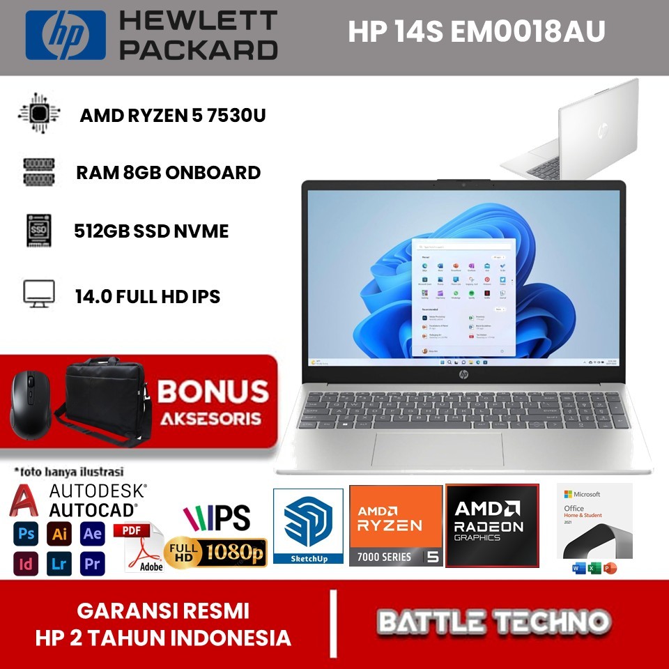 Laptop Gaming HP 14 S Terbaru AMD Ryzen 5 7530U 8GB RAM 1TB SSD FHD IPS Windows 11 Silver