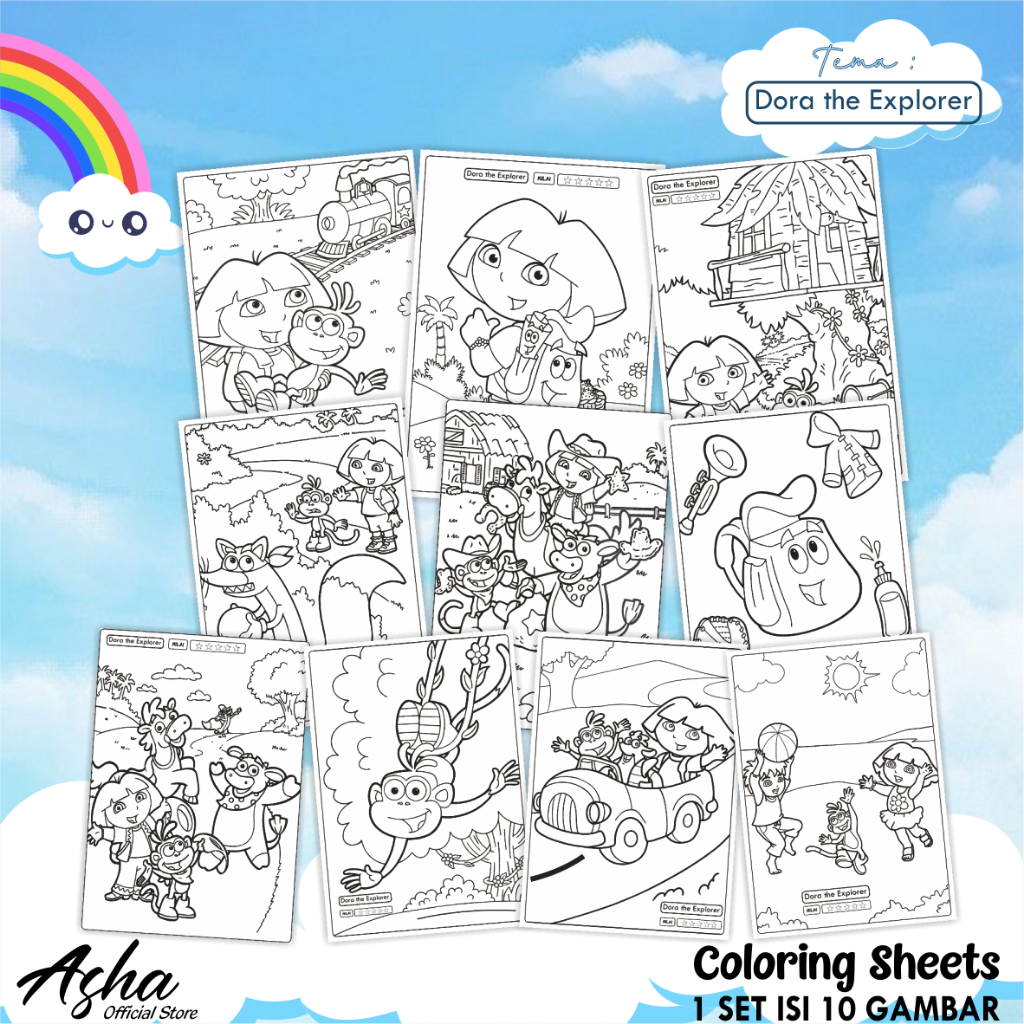 

KERTAS GAMBAR UNTUK ANAK - LEMBAR MEWARNAI ANAK 1 SET ISI 10 GAMBAR DORA THE EXPLORER UKURAN A5