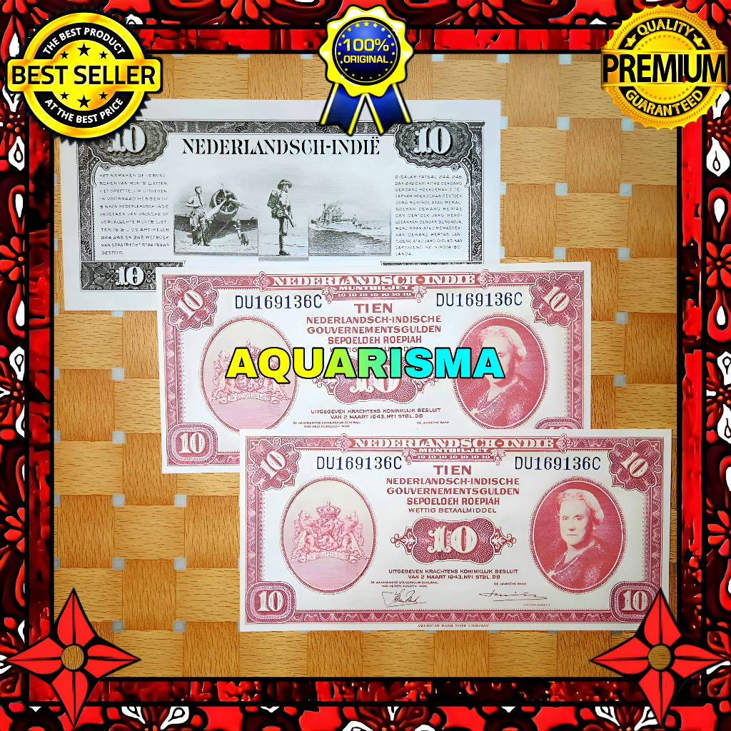 KOLEKSI NUMISMATIK - SOUVENIR REPRO UANG KUNO 10 GULDEN HINDIA BELANDA WILHELMINA 1943