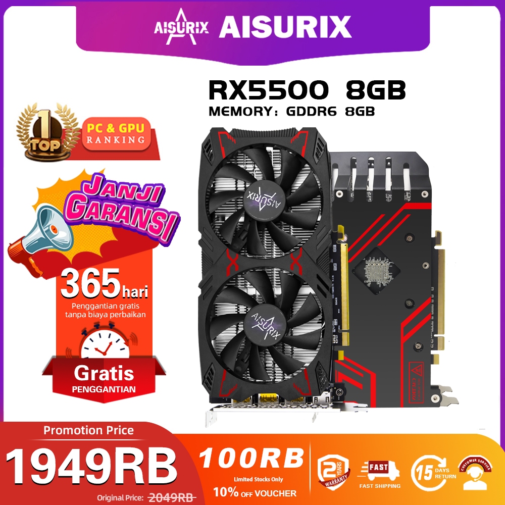 AISURIX AMD Radeon RX 5500 8GB VGA CARD GDDR6 128BIT New Video Card for pc gaming