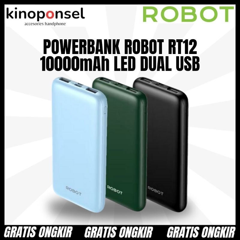 Power Bank ROBOT RT12 Powerbank 10000mAh DUAL USB With LED Slim Mini Dual Input and Output Port Type