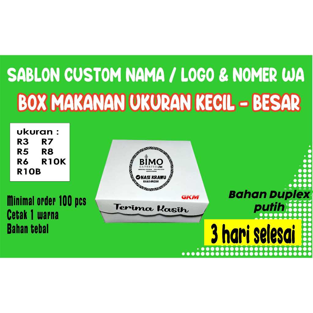 [ISI 100 PCS] SABLON CUSTOM NAMA BOX MAKANAN, DUS KUE, MARTABAK , DUS WARNA PUTIH SEMUA UKURAN