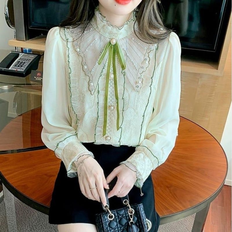 2997 Baju atasan blouse kemeja XANDRIA BEADED COLLAR RUFFLED LACE TOP Lengan Panjang ungu hijau Kore