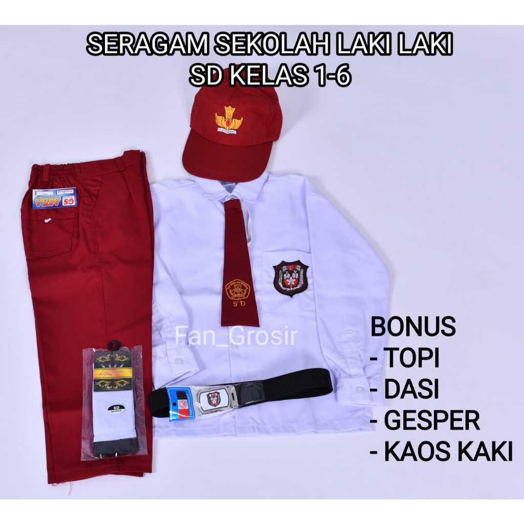 Setelan Seragam Sekolah SD Anak Laki-Laki Panjang Kelas 1-6 Bonus Topi Kaos Kaki Sabuk Dasi