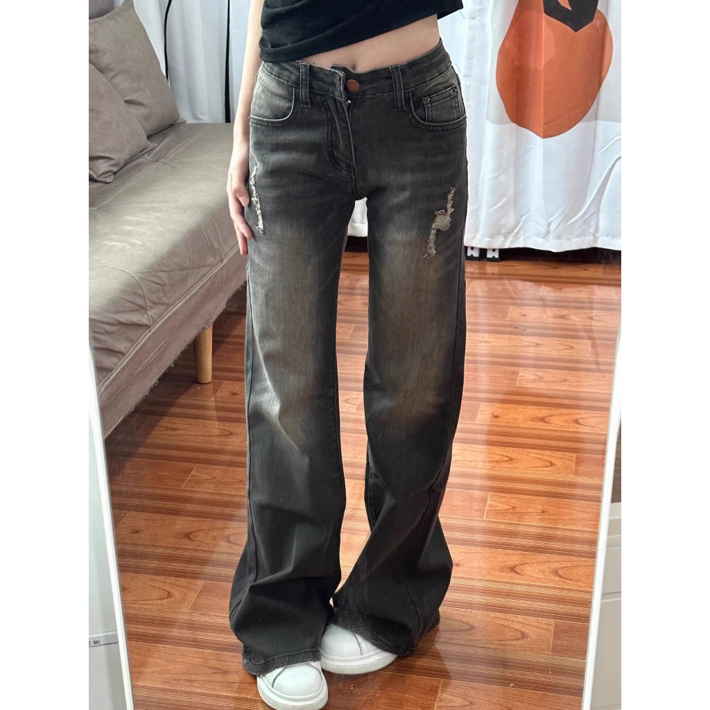 Retro Celana Jeans Stretch  Robek Wanita Cutbray Jeans Abu-abu Korean Style