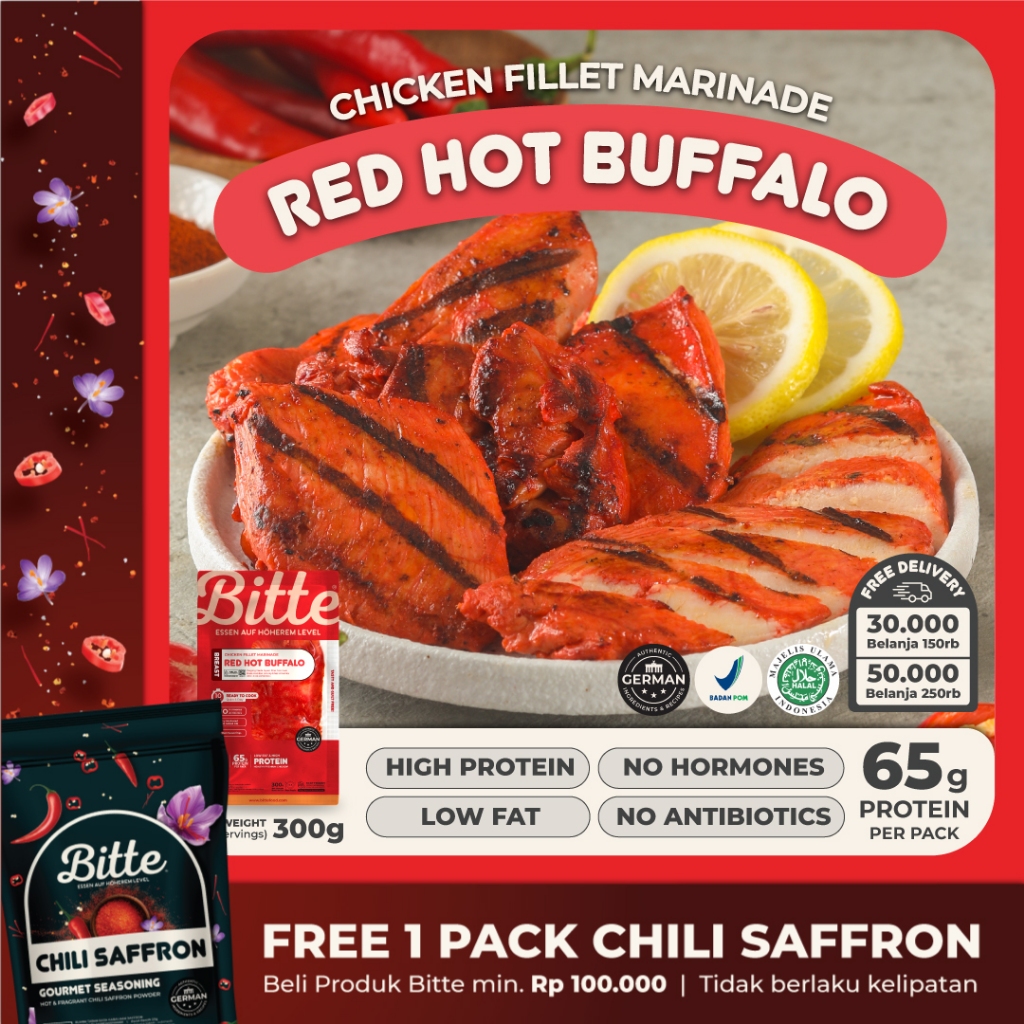 

Bitte Food Red Hot Buffalo Chicken Fillet Marinade / Ayam Filet Marinasi 300g