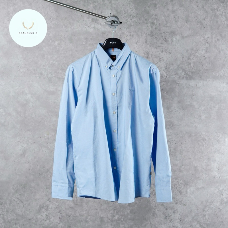 Hugo Boss Mabsoot Text Pocket Embroidery Long Sleeve Shirt  in White & Light Blue