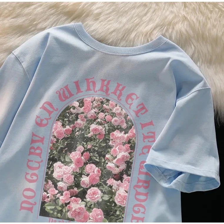 Louis STOR COLECTION Kaos Oversize Lengan Pendek Motif Taman Bunga Mawar Pink Bahan Cotton