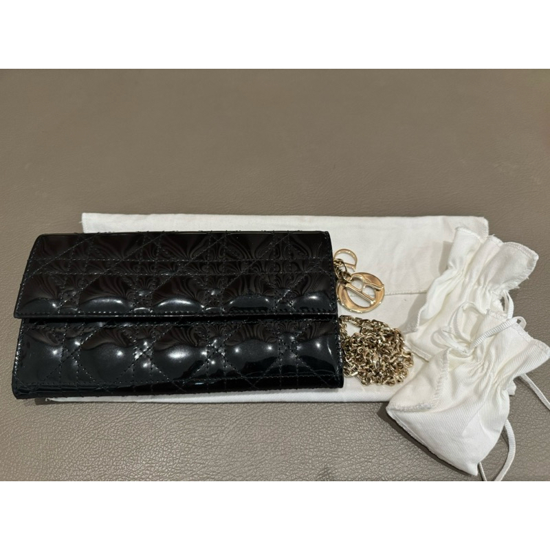 PRELOVED DIOR WOC VVGC Black Patent Leather wallet on chain dompet