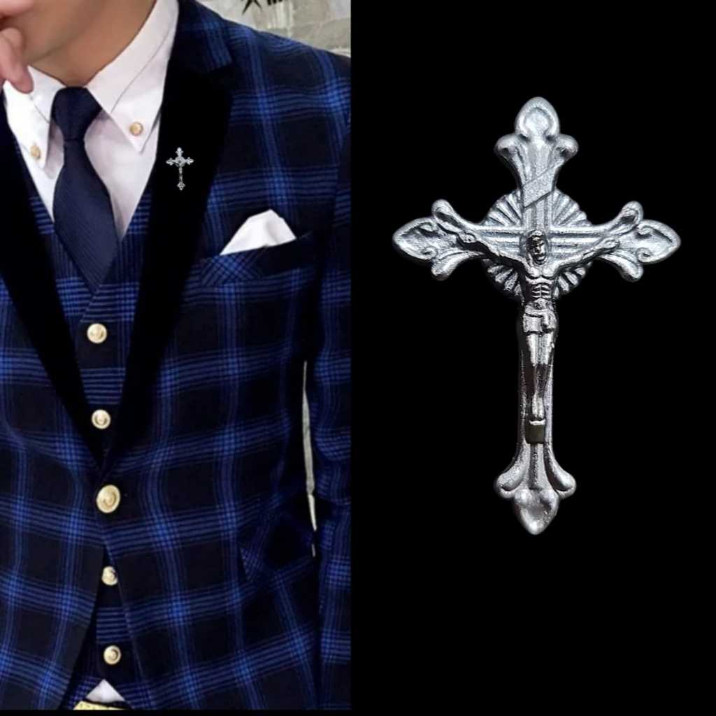 Metal Silver Cross Pin Bros Jas Salib Kameja Tuxedo Mens Pria