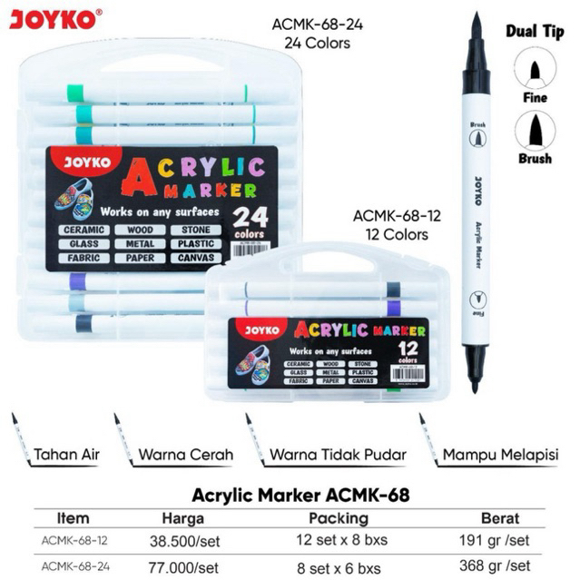 

Acrylic Marker Spidol Akrilik Joyko ACMK-68 isi 12 warna