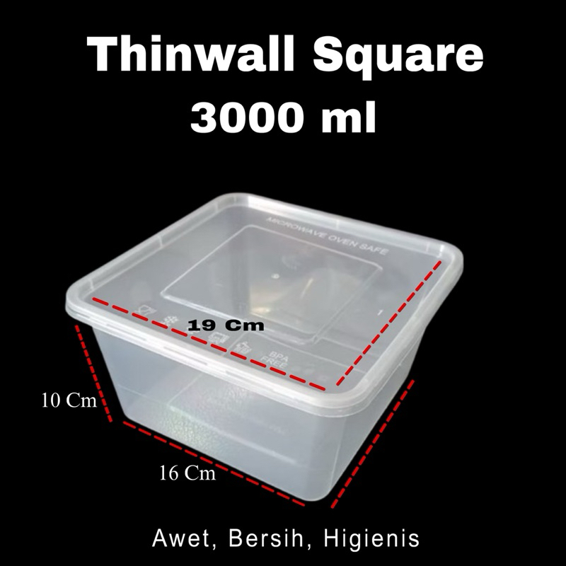 Thinwall Square 3000 ml. thinwall. food container box. kotak makanan.