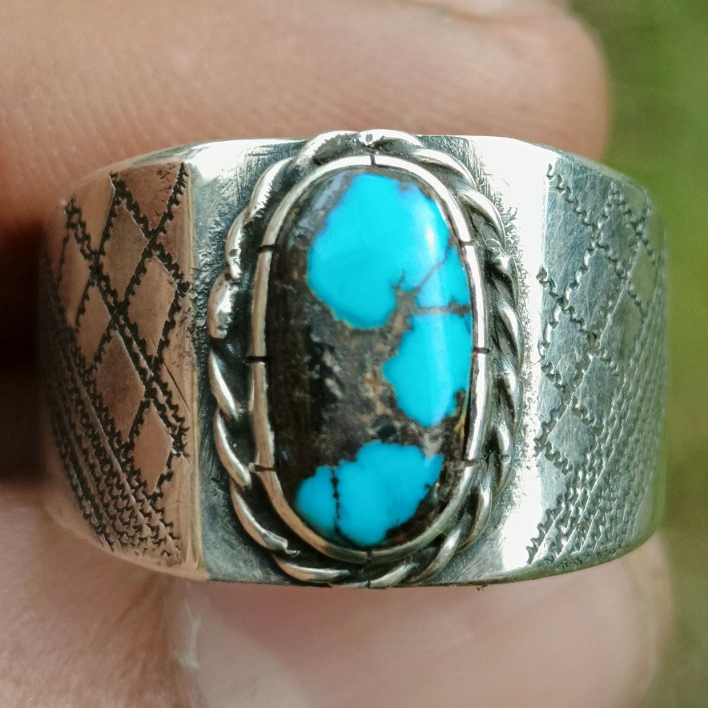 Batu Natural Pirus Persia Blue Fancy Tajam Dim-12 Urat Ceplok Eye Catch Ring Perak Handmade Simple S