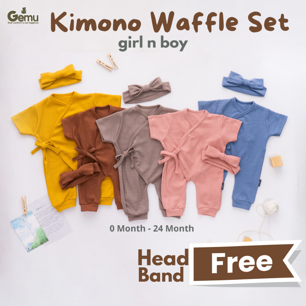 GEMU Kimono Basic Waffle Set Free Headband Baju Bayi Anak Bodysuit JumperBaby Fashion Hadiah Lahiran