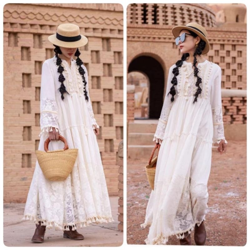 14049 Baju Maxidress longdress ZALICA TIERED BOHO MAXI LONG DRESS putih dres Korean style wanita pre