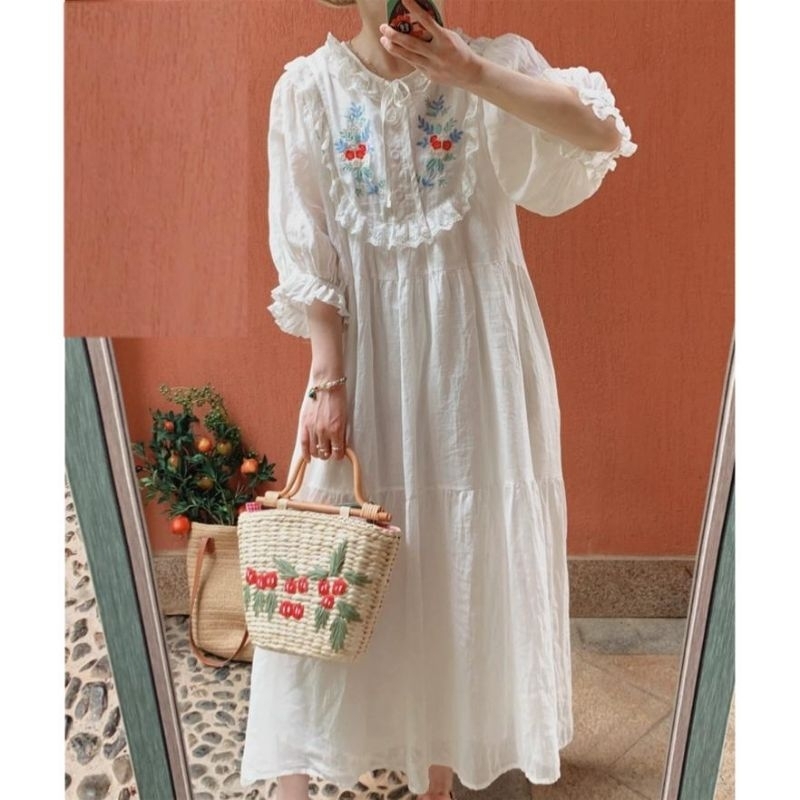 18670 Baju Mididress HAZUKA EMBROIDERED MORIKEY STYLE KOREA DRESS putih bordir dres Korean style wan