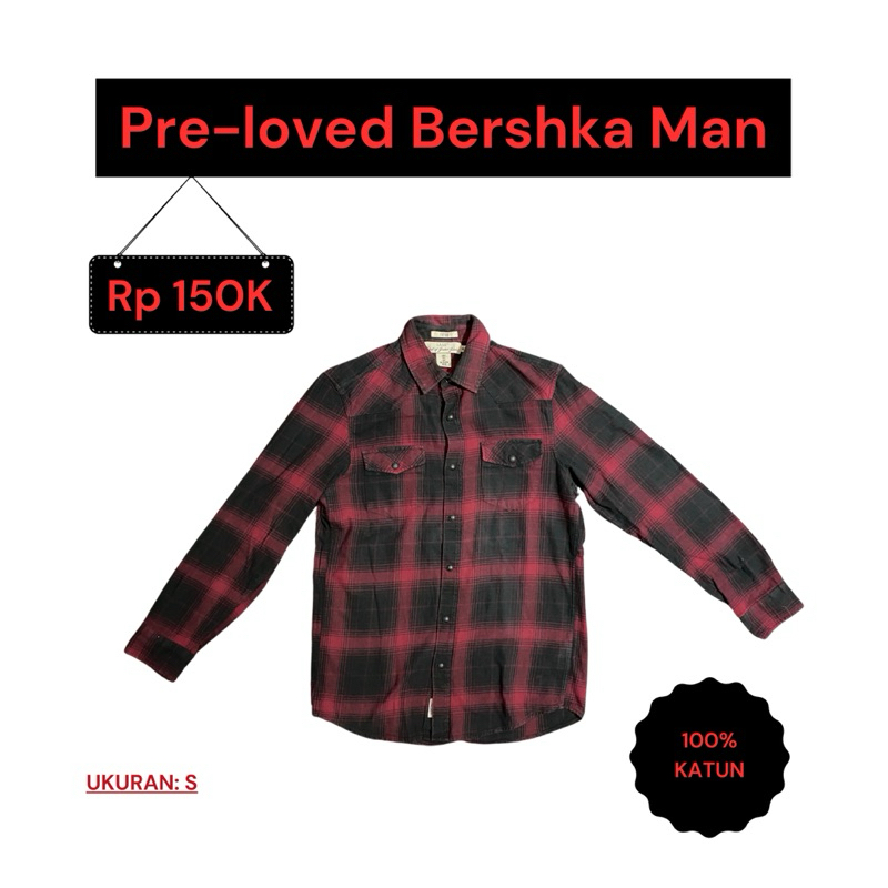 Pre-loved Kemeja Pria lengan panjang BERSHKA Man (Asli beli di toko). Hitam kotak2 merah, ukuran S.
