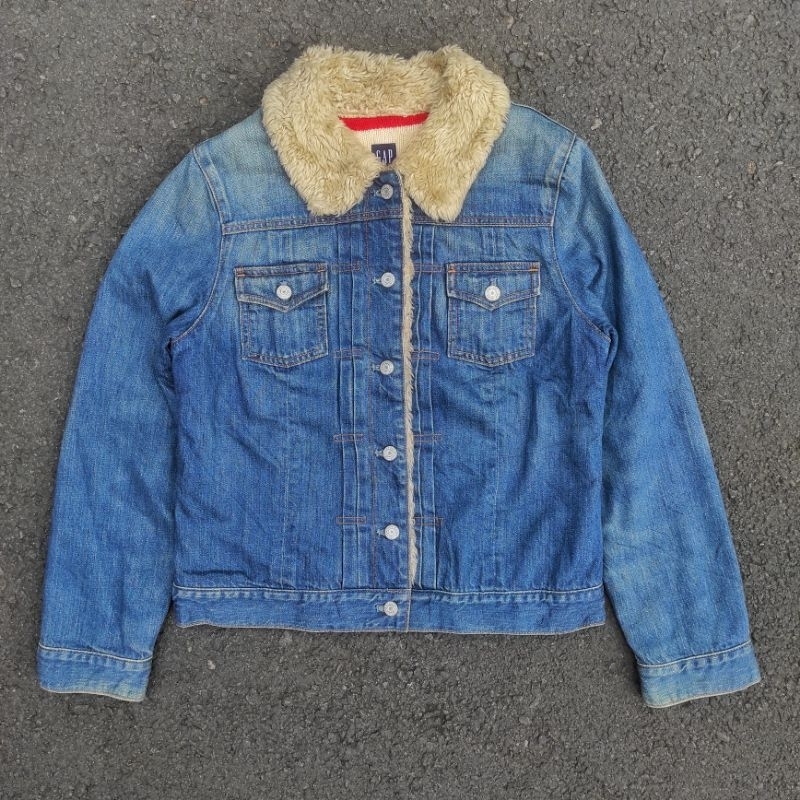 JAKET GAP SHERPA RELAXED FIT DENIM TRUCKER JEANS LINER BLANKET FLEECE LINING BLUE WASHED TYPE II 2