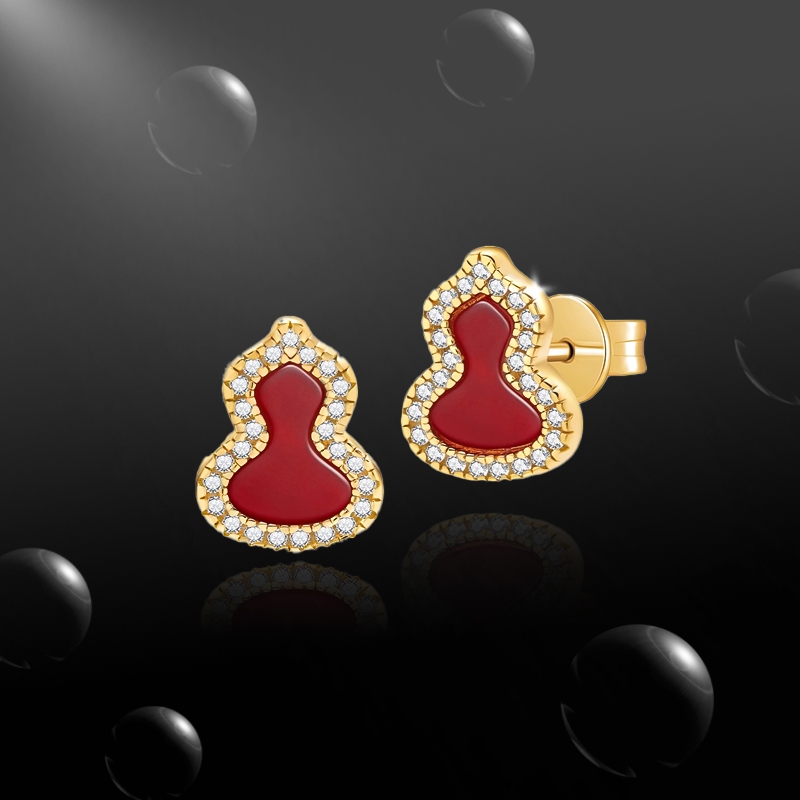 Anting Wanita Emas 17K / Anting Berlian Batu Akik Merah Emas / Anting Fashion