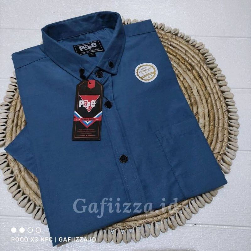 Kemeja pria polos lengan pendek Hem polos premium warna biru denim