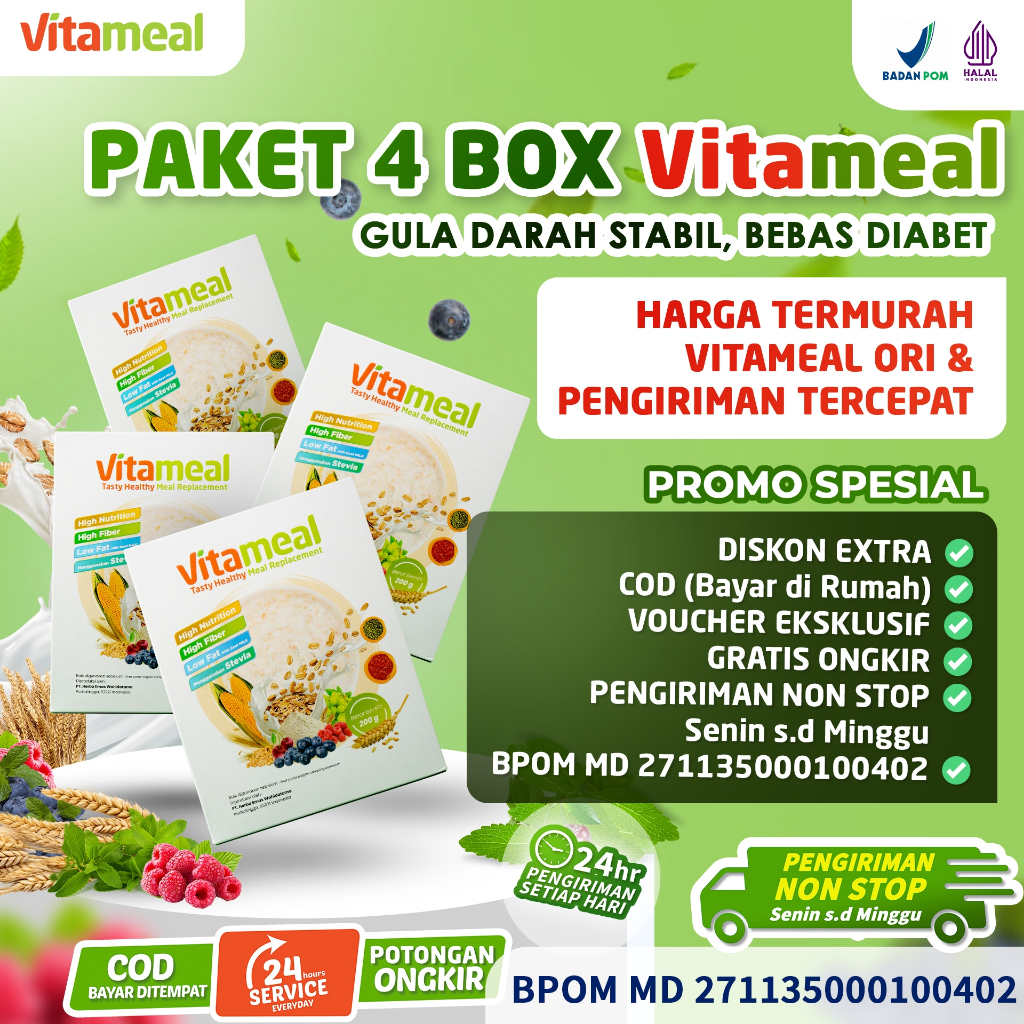 

VITAMEAL 4 BOX Lebih Hemat - Sereal Multigrain Sehat Bantu Cegah Diabetes Turunkan Kolesterol Ampuh 100% Original Tanpa Efek Samping
