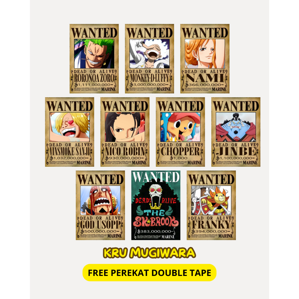 1 Set Poster Bounty One Piece Mugiwara Kru After Time Skip Ukuran A4 Free Perekat Double Tape