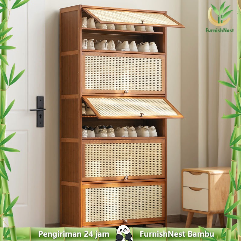 FurnishNest Rak Buku Kayu Lemari Buku Lemari Pajangan Kantor Rotan Rak Buku Anak Minimalis Rak Penyi