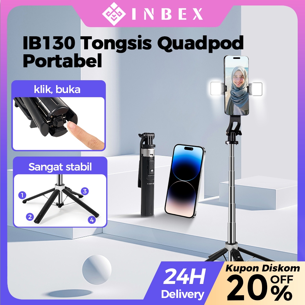 AIG INBEX IB130 Tongsis Tripod Bluetooth Selfie Stick Foto Tongkat Kontent Kreator Quadpod Portabel