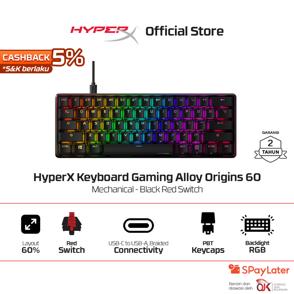 HyperX Keyboard Gaming Alloy Origins 60 60% Wired Red​ / Aqua Mechanical Switch Aluminium PBT Keycap