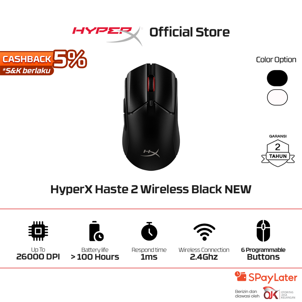 HyperX Mouse 2.4GHz Wireless Gaming Pulsefire Haste 2 - Black / White 26000 DPI 6 Buttons RGB LED Li