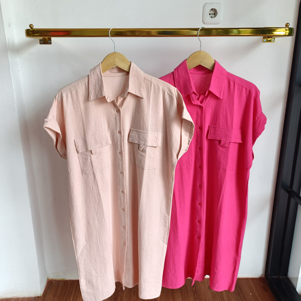 Dress Polos 1863 | Tunik Linen Polos Tangan Pendek | Midi Dress Wanita Line Kekinian