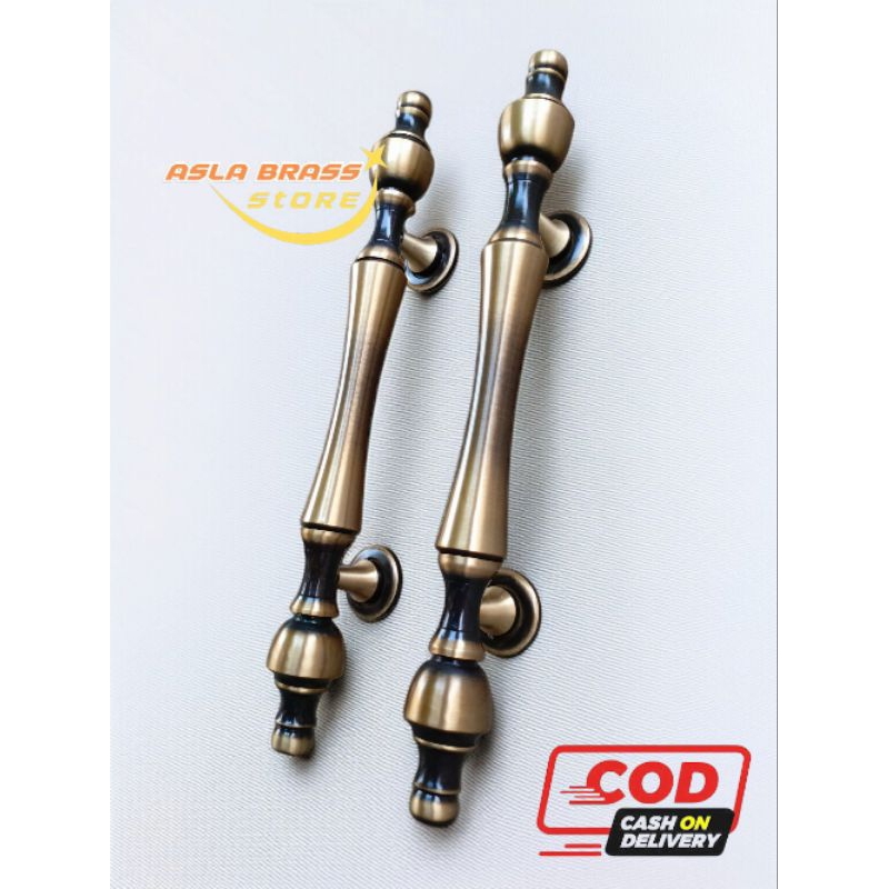 Handle Pintu Rumah Kuningan Motif Dahlia Antik Gagang Pintu 2 Daun 34 Cm