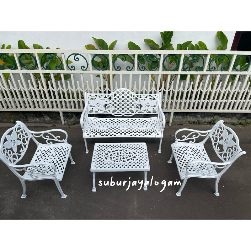Kursi Taman Besi Set Lengkap | 1 Kursi Panjang + 2 Kursi Single + 1 Meja | Kursi Outdoor Klasik Eleg