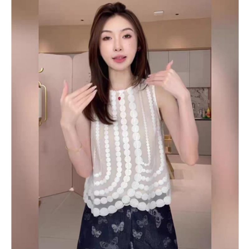3950 Atasan Kostum Baju blus blouse lengan pendek kutung mewah  gaya wanita korea bahan embroidered 