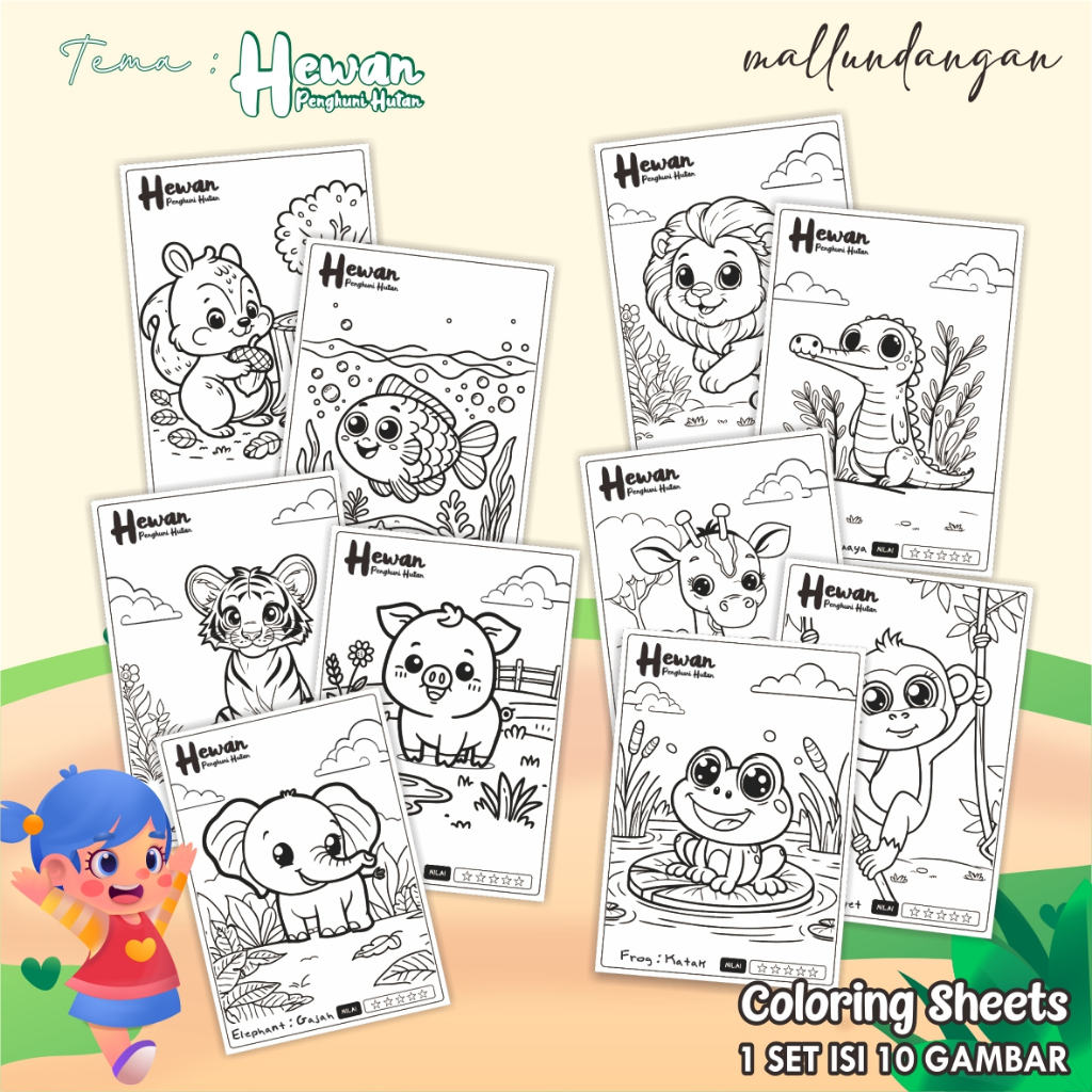 

LEMBARAN MEWARNAI ANAK A4 - KERTAS GAMBAR UNTUK ANAK TEMA HEWAN PENGHUNI HUTAN - PAPER COLORING SHEETS FOR KIDS