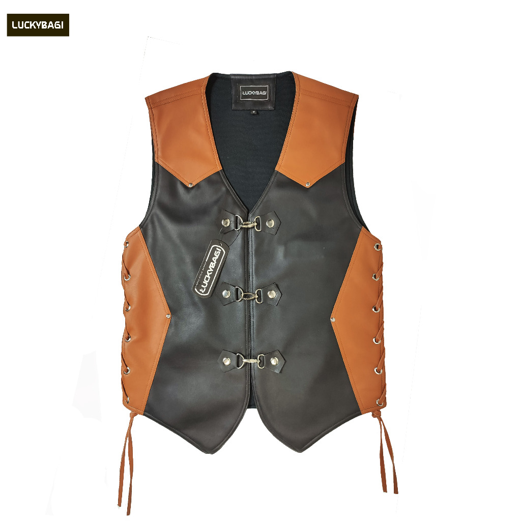 Luckybagi Vest Faux Leather Rompi Pria Kulit Rompi Biker Vest