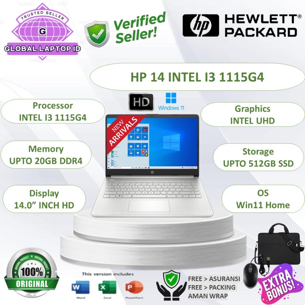 Laptop Sekolah HP 14 Intel Core i3 1115G4 Gen11 RAM 20GB 512GB SSD 14"Inch HD Windows 11 Home Origin