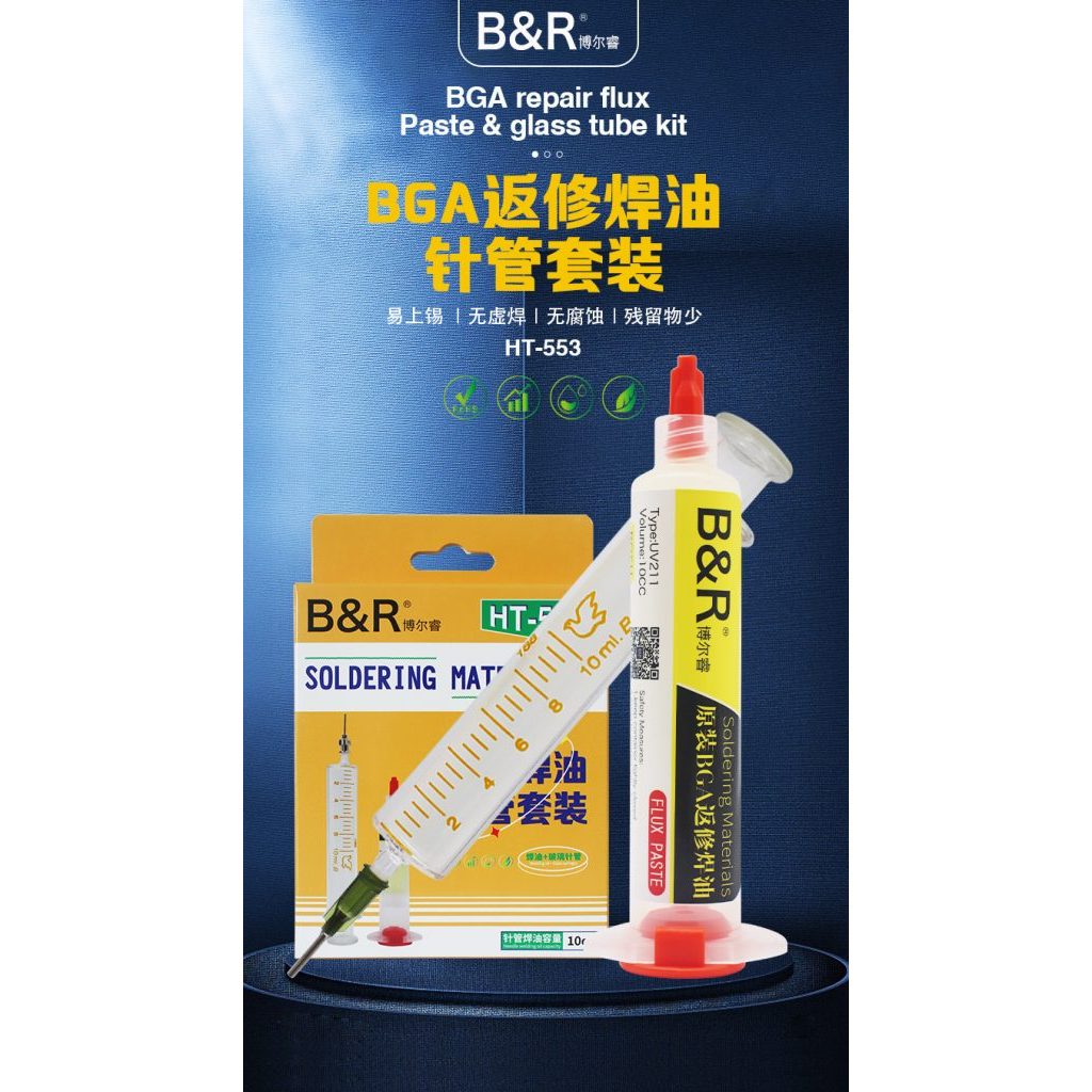 Flux B&R HT-553 10cc + Sunti Kaca BGA REPAIR FLUX PASTE & GLASS TUBE KIT