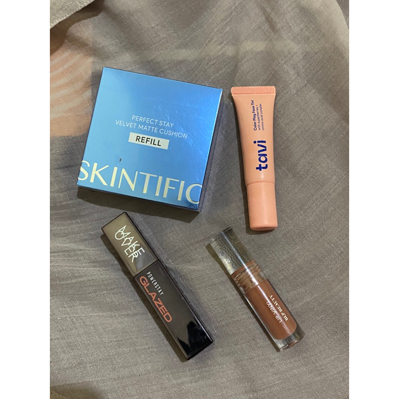 preloved studio tropik dreamsetter setting spray matte 130ml, blp lip vinyl gleam, make over glazed 