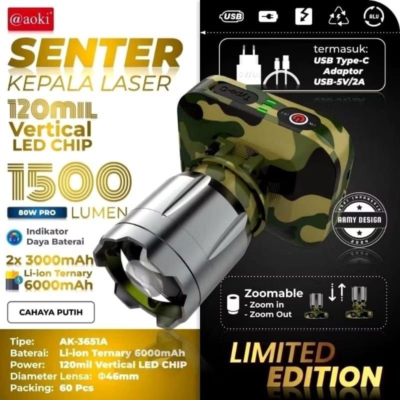 Aoki AK-3651A/AK-3652K 80 Watt Army PRO Kepala LED Zoom Laser 1500 Lumen Waterproof