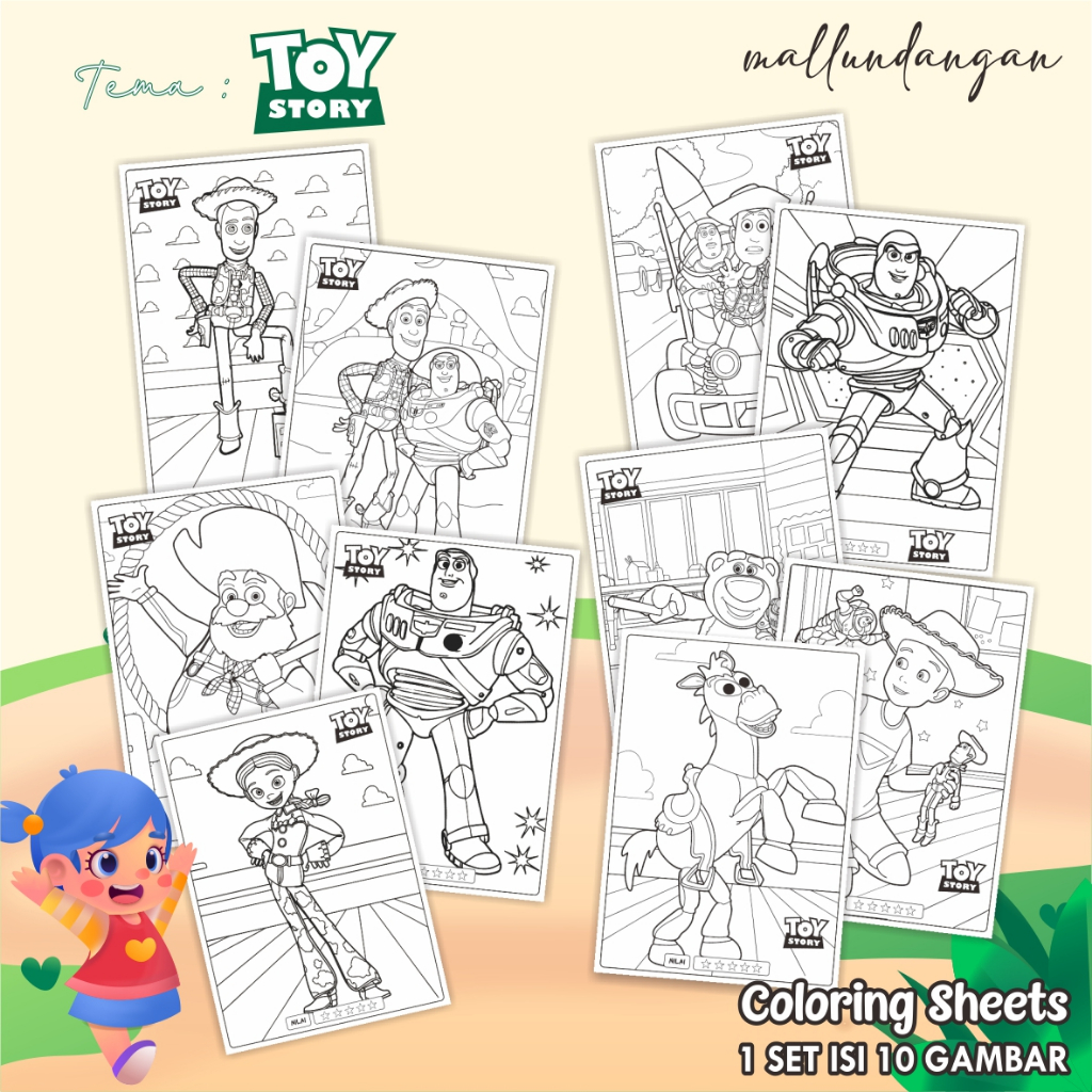 

LEMBARAN MEWARNAI ANAK A4 - KERTAS GAMBAR UNTUK ANAK TEMA TOY STORY - PAPER COLORING SHEETS FOR KIDS