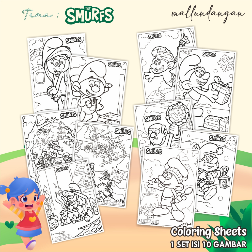 

LEMBARAN MEWARNAI ANAK A4 - KERTAS GAMBAR UNTUK ANAK TEMA THE SMURFS - PAPER COLORING SHEETS FOR KIDS