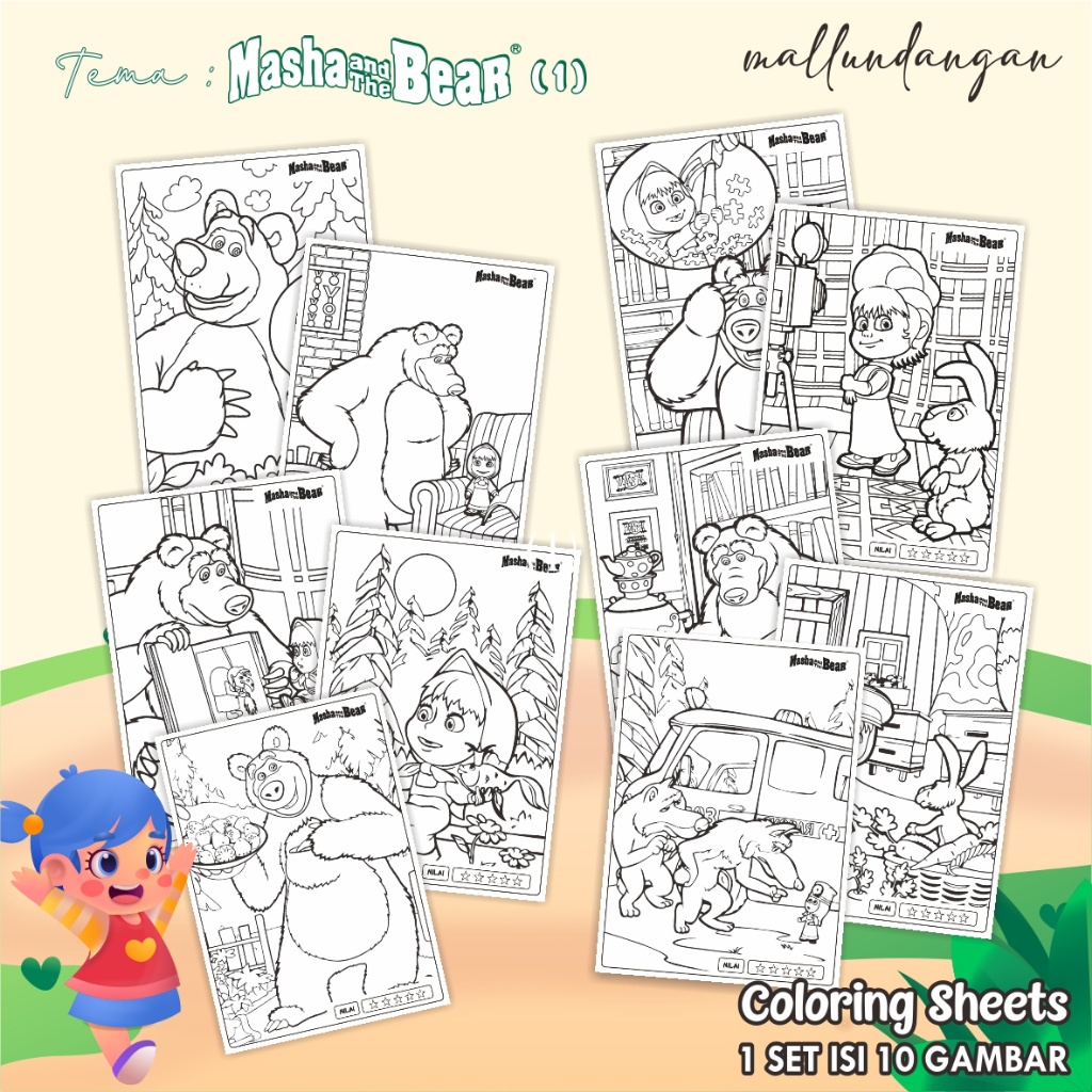 

LEMBARAN MEWARNAI ANAK A4 - KERTAS GAMBAR UNTUK ANAK TEMA MASHA AND THE BEAR 1 - PAPER COLORING SHEETS FOR KIDS