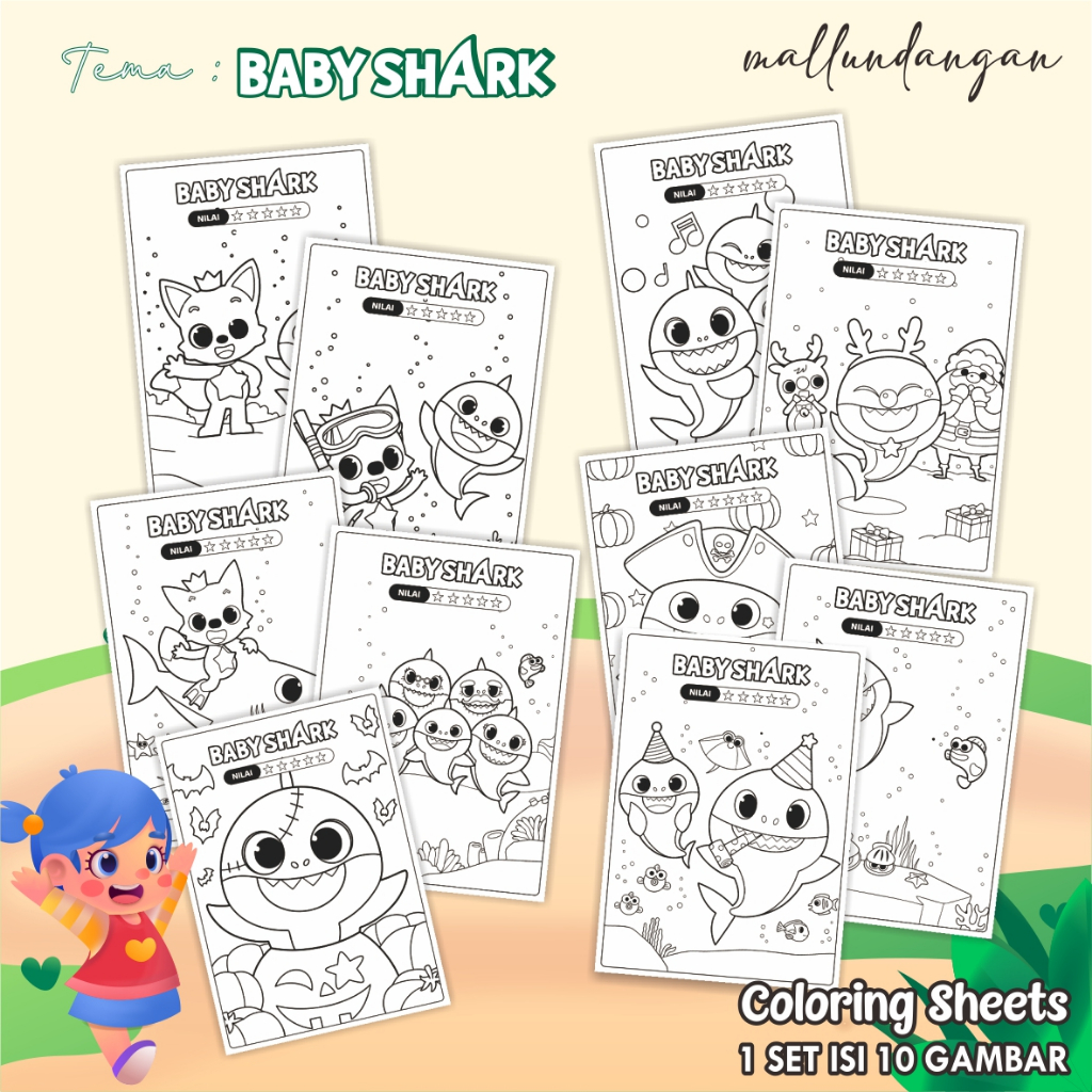 

LEMBARAN MEWARNAI ANAK A4 - KERTAS GAMBAR UNTUK ANAK TEMA BABY SHARK - PAPER COLORING SHEETS FOR KIDS